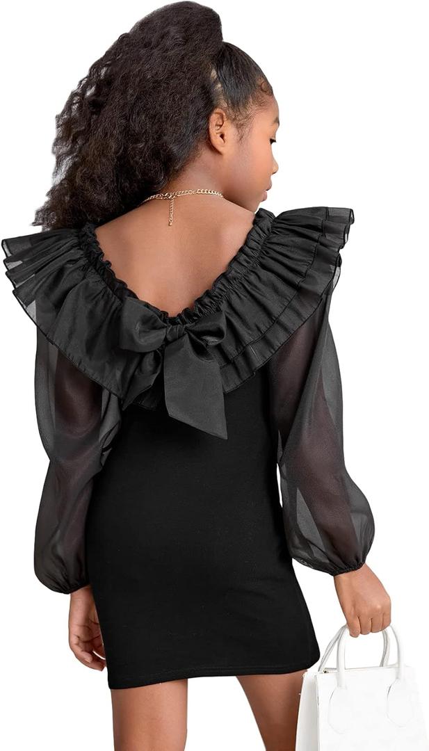 WDIRARA Girl's Mesh Ruffle Trim Layered Tie Back Lantern Sleeve Pencil Mini Dress Black 6Y