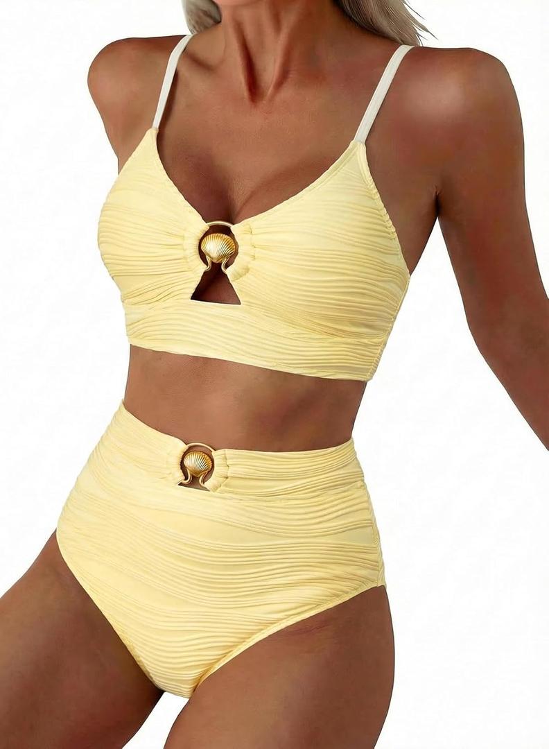 Herseas Womens 2 Piece Bikini Sets High Waisted Metal Ring Textured Swimsuit 2026 Summer Bathing Suits Beach Swimwear, M