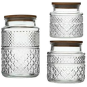 Livejun Glass Storage Jars Vintage Embossed Canisters Food Cereal Storage Containers with Bamboo Lid, Decorative Jars for Kitchen Counter,Pantry,Set 3Piece Glass Jars in 60 oz/40 oz/20 oz (Round)