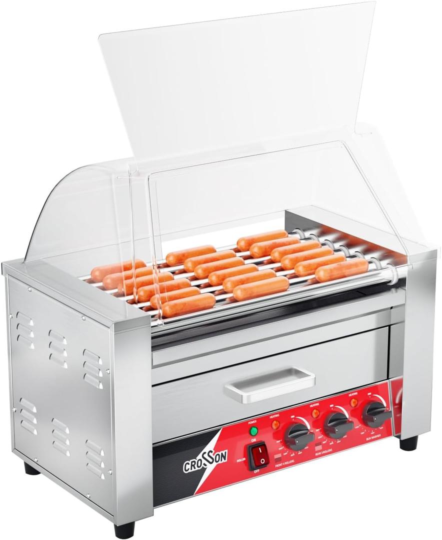 CROSSON Hot Dog 7 Roller with Bun Warmer&Transparent Sneeze Guard,Commercial 7 Nonstick 304 Roller Grill Cooker Machine