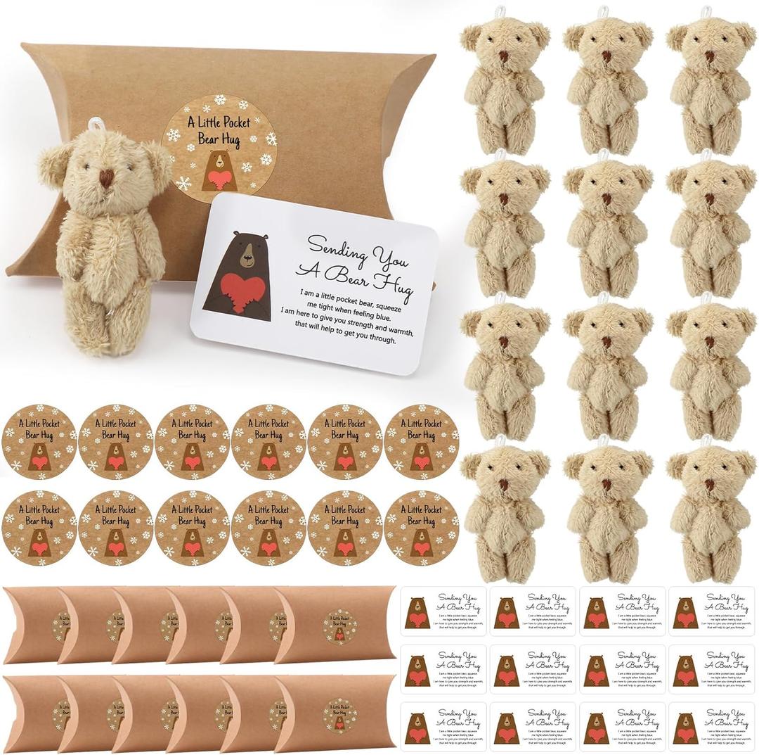 Libima 12 Sets Little Pocket Bear Hug Graduation Gifts Bulk Cute Mini Plush Bears Toy Stuffed Animals Pillow Boxes with Stickers and Tags for 2026 Grad Party Birthday Gift Wedding (Beige)