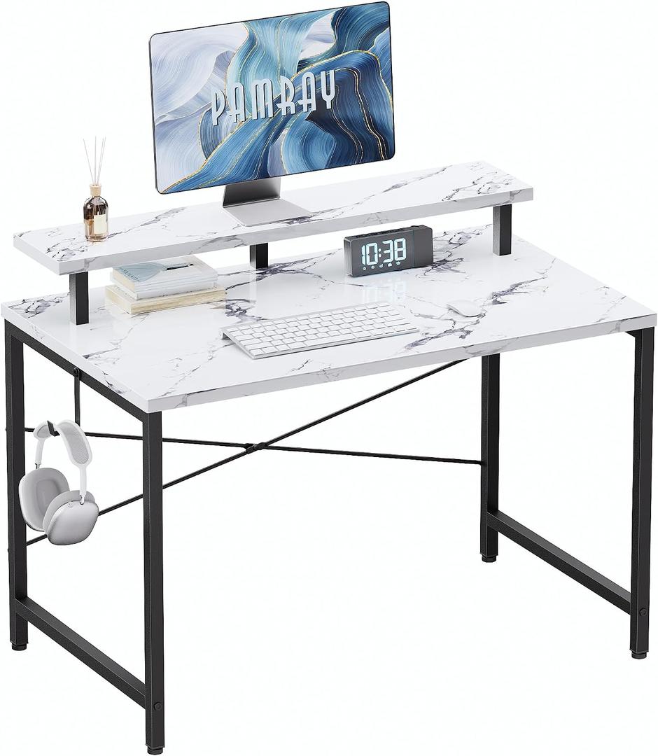 Pamray 32 Inch Small Computer Desk with Monitor Stand, Simple Office Desk with Headphone Hook for Small Spaces, Kids Study Writing Table for Bedroom, Marble