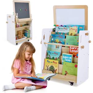 Bookshelf & Easel & Toy Storage Organizer for Kids with Wheels, 3-in-1 Wooden Art Easels with Chalkboard & Whiteboard for Toddlers, Kid Book Shelf Bookshelves for Toddler Room & Nursery