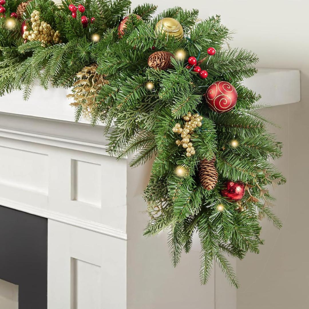 Artificial Christma 9FT Pre-Lit Garland with 50 LED Light, Battery Operated, Pine Cones, Nice Gold and Red Ball, Berris Mantle for Indoor Holiday Door Home Decorations Stairs Fireplaces Wal