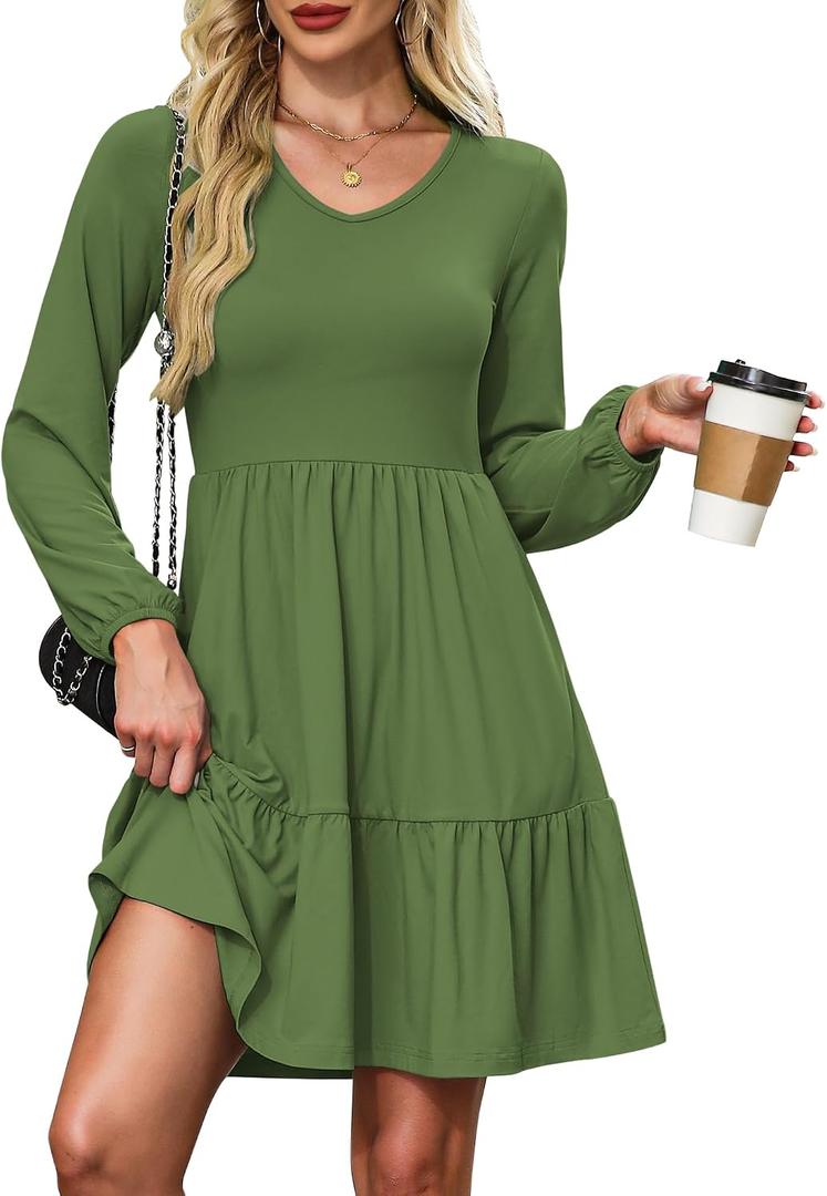 AUSELILY Womens Long Sleeve Dress 2025 Fall Casual V Neck Tiered Swing Flowy A-line Mini Short Dresses with Pockets (Green, L)