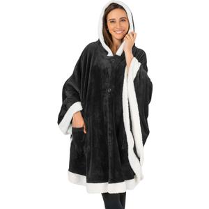 PAVILIA Wearable Blanket for Adult Women, Cozy Plush Fleece Blanket Poncho Cape with Hood, Super Soft Shawl, Angel Wrap Throw for Office, Black