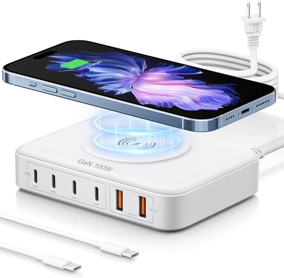 6-in-1 Desktop Charger - 100W USB with 15W Wireless, 2 USB A & 4 USB C Ports for iPhone, iPad, MacBook, Laptop, Samsung & Android Devices (White)