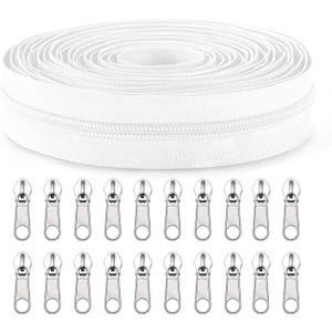 Sawoake #5 Nylon Coil Zippers by The Yard Bulk 10 Yards with 20pcs Zipper Sliders for DIY Sewing Tailor Craft Bag Garment Home Textile(White)