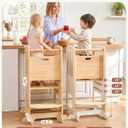 WINGYZ Toddler Tower - Anti-Tip Natural Wood Learning Stool Helper for Kids 18M-6Y, 150lb Capacity Kitchen Stool with 3-Height Adjustable Platform and Sliding Door Access, 20lb Portable Design, Wood