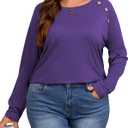 Plus Size Buttons Decor Long Sleeve Shirts Womens Raglan Sleeve Tshirts Casual Tops (Purple, XXL)