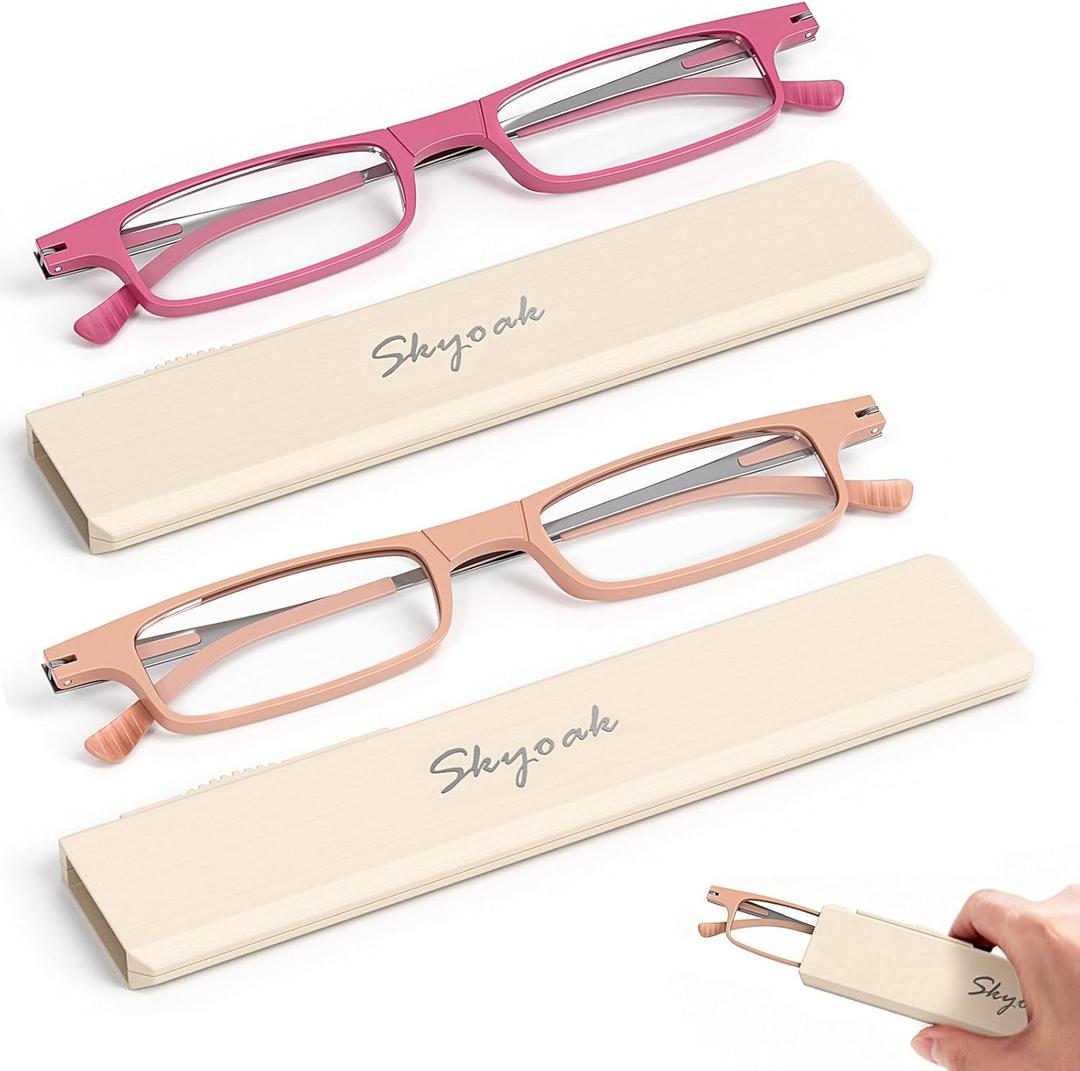 SKYOAK 2 Pack Ultra Thin Lightweight Folding Reading Glasses for Women, TR90 Compact Anti Blue Light/Eyestrain Computer Readers, Foldable Unique Stretchable Slim Flat Case, Rose and Pink +1.5