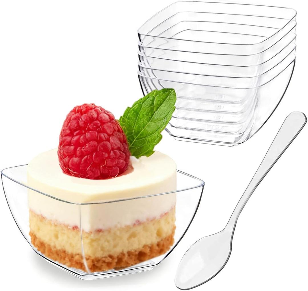 Zezzxu 100 Pack 2 oz Mini Dessert Cups with Spoons, Clear Plastic Reusable Small Square Party Serving Tiny Bowls for Individual Appetizers, Trifle, Cheesecake, Hors D'oeuvres