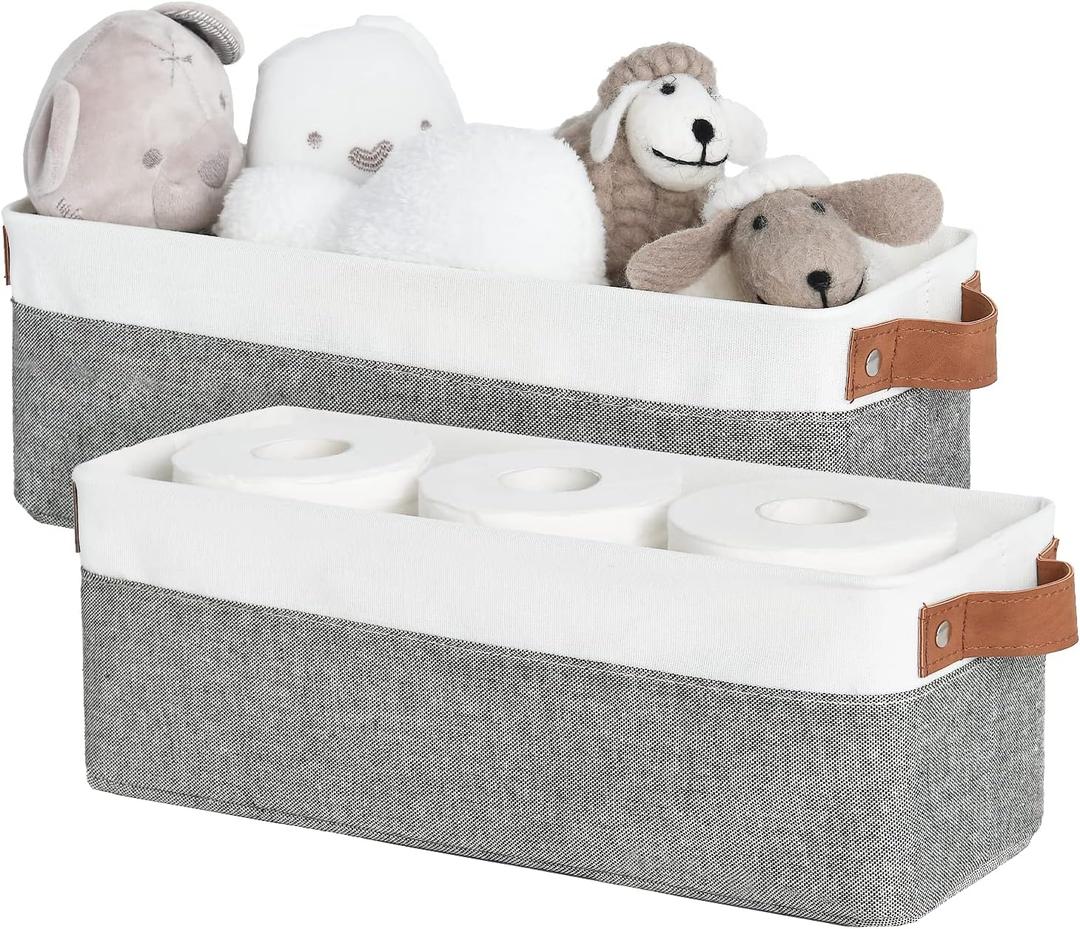 StorageWorks Narrow Storage Bins, Small Basket for Closet and Shelves, Fabric Organizer with Handles, Toilet Paper Storage, Grey and White, 2-Pack (15"L x 6"W x 5"H)