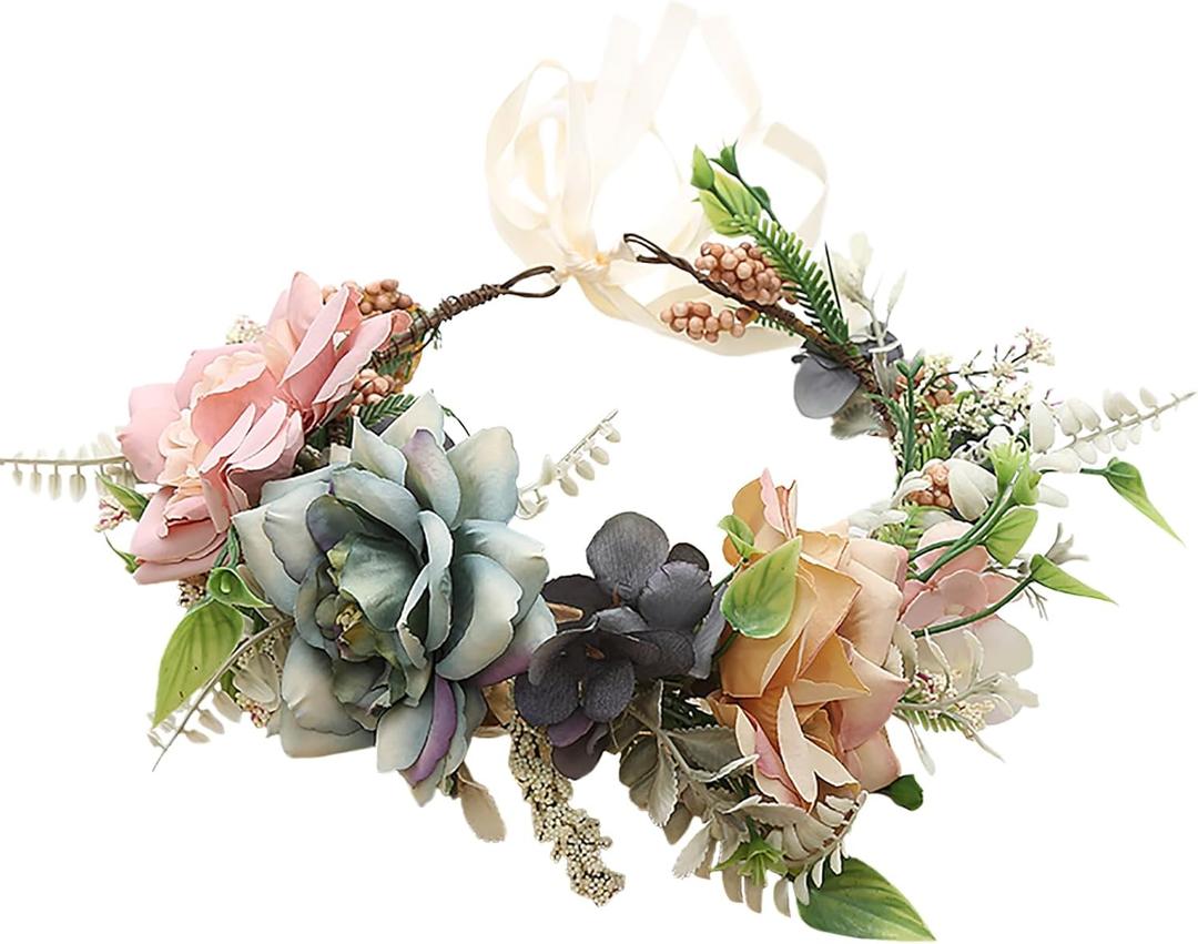 Vivivalue Wedding Floral Crown Flower Garland Headband Hair Wreath Floral Headpiece Halo Boho with Ribbon Party Prom Festival Photos