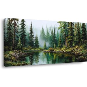 TEKMENT Green Forest Wall Art for Bedroom Oil Painting Prints Canvas Beautiful Mist Pine Woods Landscape Teal Lake Art Deco Nature Artwork Office Family Decor, 40"L x 20"W