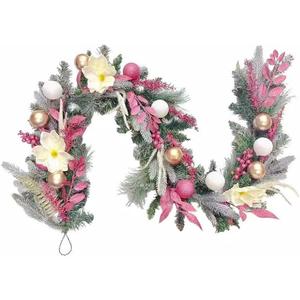 20 inch Pink Christmas Garland for Front Door, Artificial Cedar with White Magnolia Flowers Paired with Pink Berry Balls for Window Wall Porch Indoor and Outdoor Home Decorations