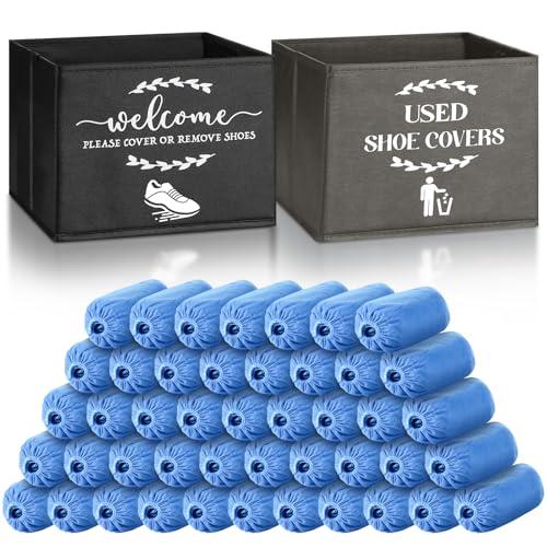 Suzile 200 Pcs Disposable Shoe Covers with 2 Pcs Box Open House Supplies Foldable Booties Shoe Covers Holder Storage Bin for House Indoor Guest Supplies, 10 x 10 x 8 Inch (Black,Gray,Blue)