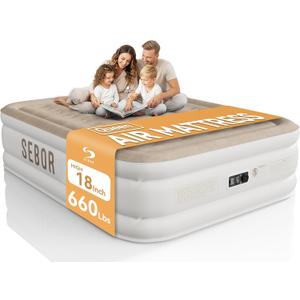 Sebor Air Mattress Queen with Built-in Pump 18", Comfortable Self-Inflating Air Mattress with High-Speed Pump, Durable Blow Up Mattress Queen with Storage Bag for Guests, Camping, Travel (Khaki White)