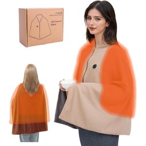 Cordless Portable Electric Heating Blanket, Battery Heated Wearable Shawl Wrap Blanket for Car, Camping, Home, Office, Wireless USB Zipper Heated Warming Shawl Poncho Cape Washable (Light Brown)