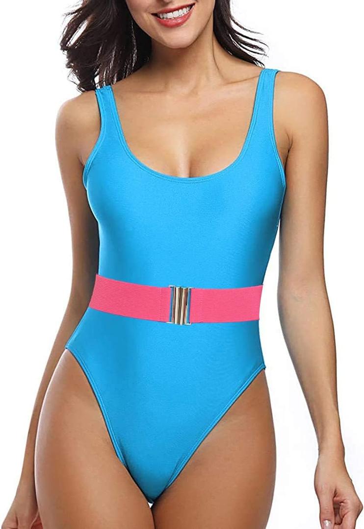 MIAIULIA Women's Retro 80s/ 90s Inspired High Cut Low Back Padding One Piece Swimwear Bathing Suits Belt Blue S