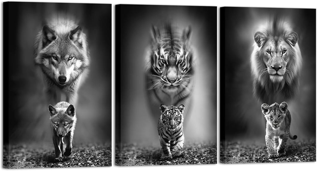 KLVOS Black and White Animal Wall Art Wolf Lion Tiger Parent-child Poster Paintings Canvas 3 Panels Cool Painting Wildlife Artwork Framed Modern Home Office Men Bedroom Decor
