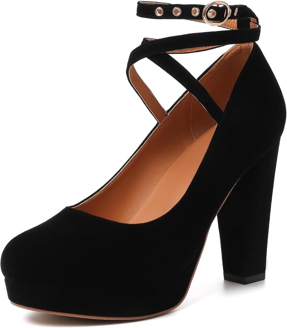 Mostrin Black Chunky High Heels for Women Sexy Closed Toe Platform Pumps with Buckle Strap Mary Jane Dress Shoes for Formal Prom Party Size 8