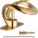 Elegant Bathroom Sink Faucet Single Hole,AUU Waterfall Matte Black Vanity Sink Faucet Solid Brass,Single Handle Basin Tap with Pop Up Drian Supply Line (Gold, Short)