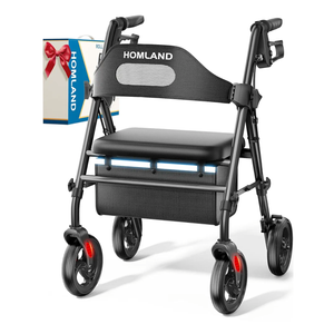 Foldable Rollator Walkers with Seat for Seniors, 8'' Big Wheels, 350 lb. Weight Capacity, Adjustable Handles and Seat Height, Lightweight Rolling Walker, Black