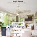 52“ Leaf Ceiling Fans with Lights, (Rustic White Gold) | 3-color Dimmable LED, 4 Palm Leaf Blades, 6 Speeds, DC Reversible Motor, Coastal Tropical Style for Indoor or Outdoor