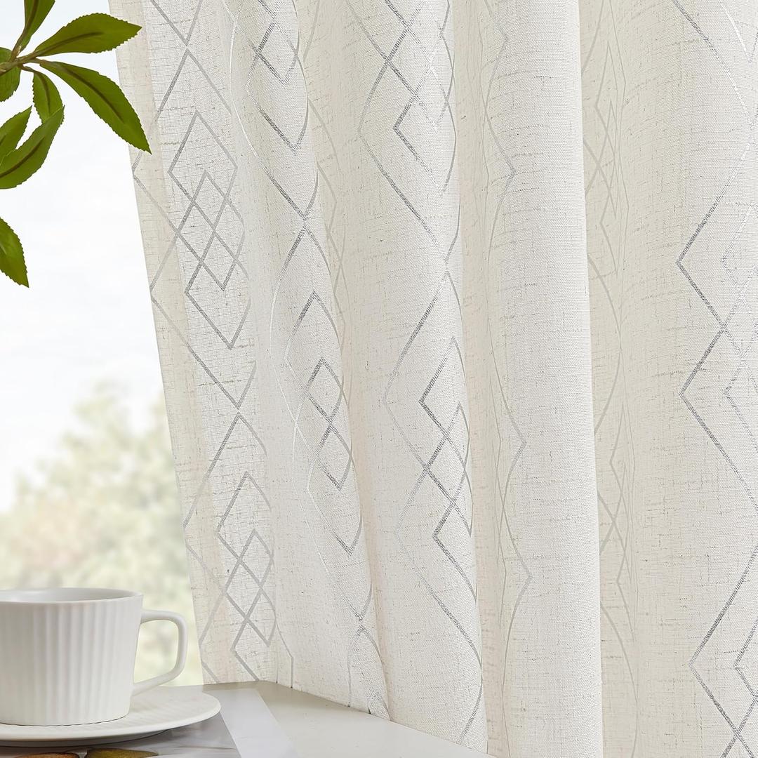 Linen Curtains for Bedroom, Silver Curtains 84 Inches Long Farmhouse Curtains for Living Room, Silver Foil Geometric Drapes, Moroccan Beige Light Filtering Curtain 2 Panels Grommet Top