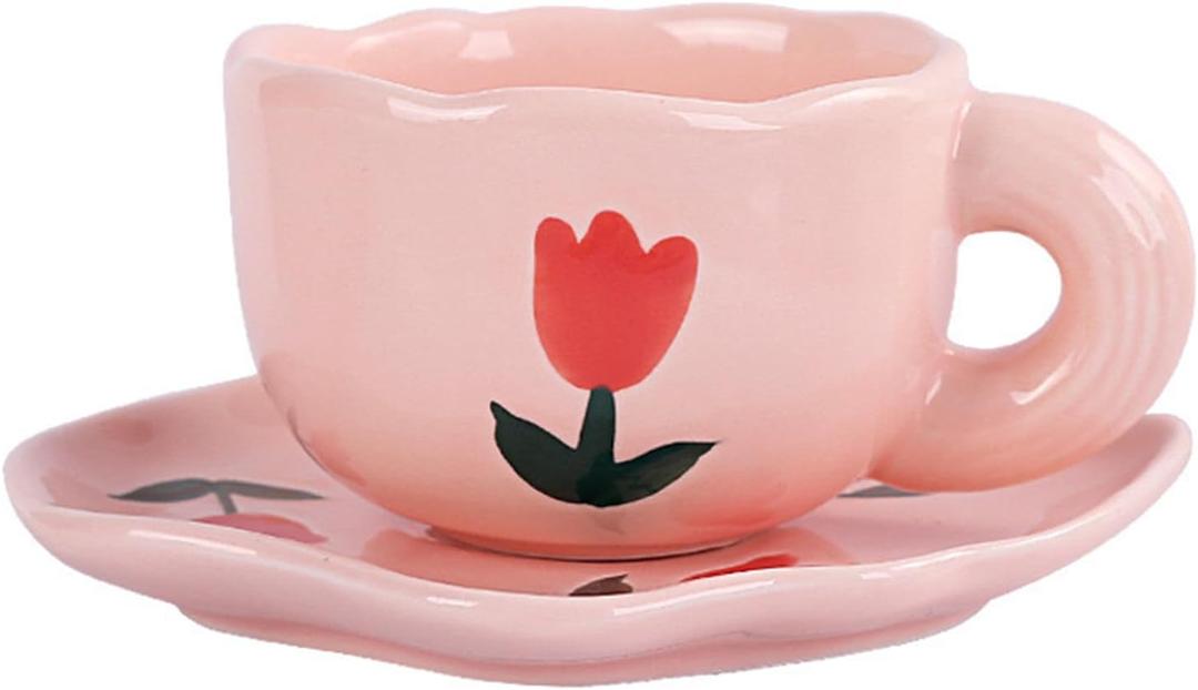 Coffee Mugs Set with Saucer Cute Pink Tulip Cup Gifts for Women for Birthday Tea Coffee Mug 250 ML Ceramic Cup Birthday Gift for Women Girls Mom Friend Coffee Mug Tea Cup Saucer Set