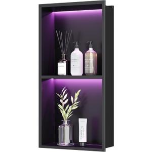 2-Tiers 12x24 Shower Niche, RGB LED Light Strips, Matte Black Wall Cabinet Shlef, Stainless Steel NO Tile Needed Recessed Wall Niche for Bathroom Storage Organizer