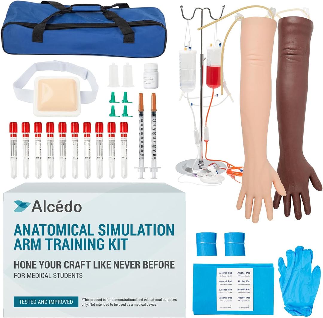Alcedo Phlebotomy Practice Kit, Complete Venipuncture and Injection IV Practice Essentials, Realistic Training Arms with Stand (Light and Dark Arm) for Medical Students & Educational Use Only