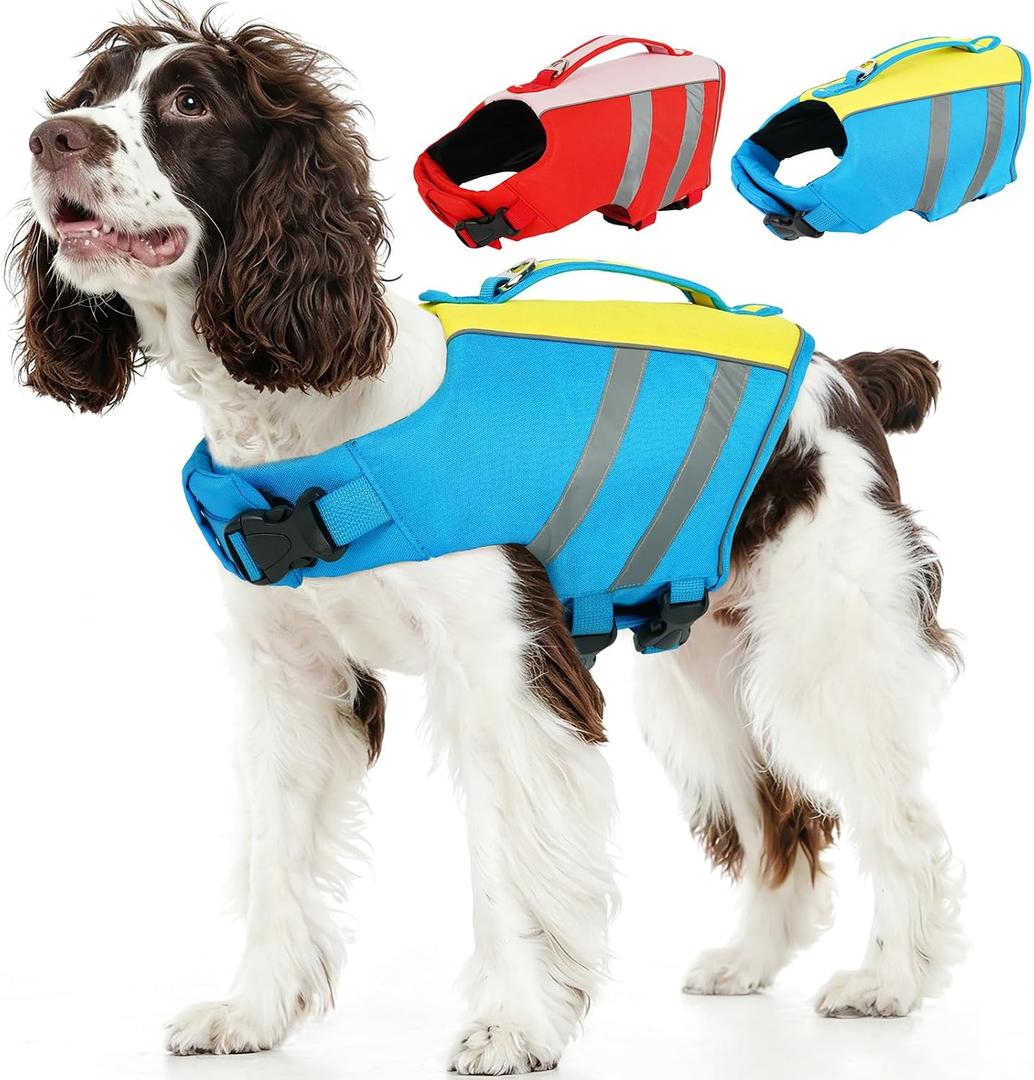 Kuoser Dog Life Jacket, High Flotation Dog Life Vest for Swimming & Boating, Adjustable Dogs Swim Vest with Rescue Handle, Reflective High Visibility Lifejacket, Ocean Blue, XL (Chest Girth:25.9-33.4'')