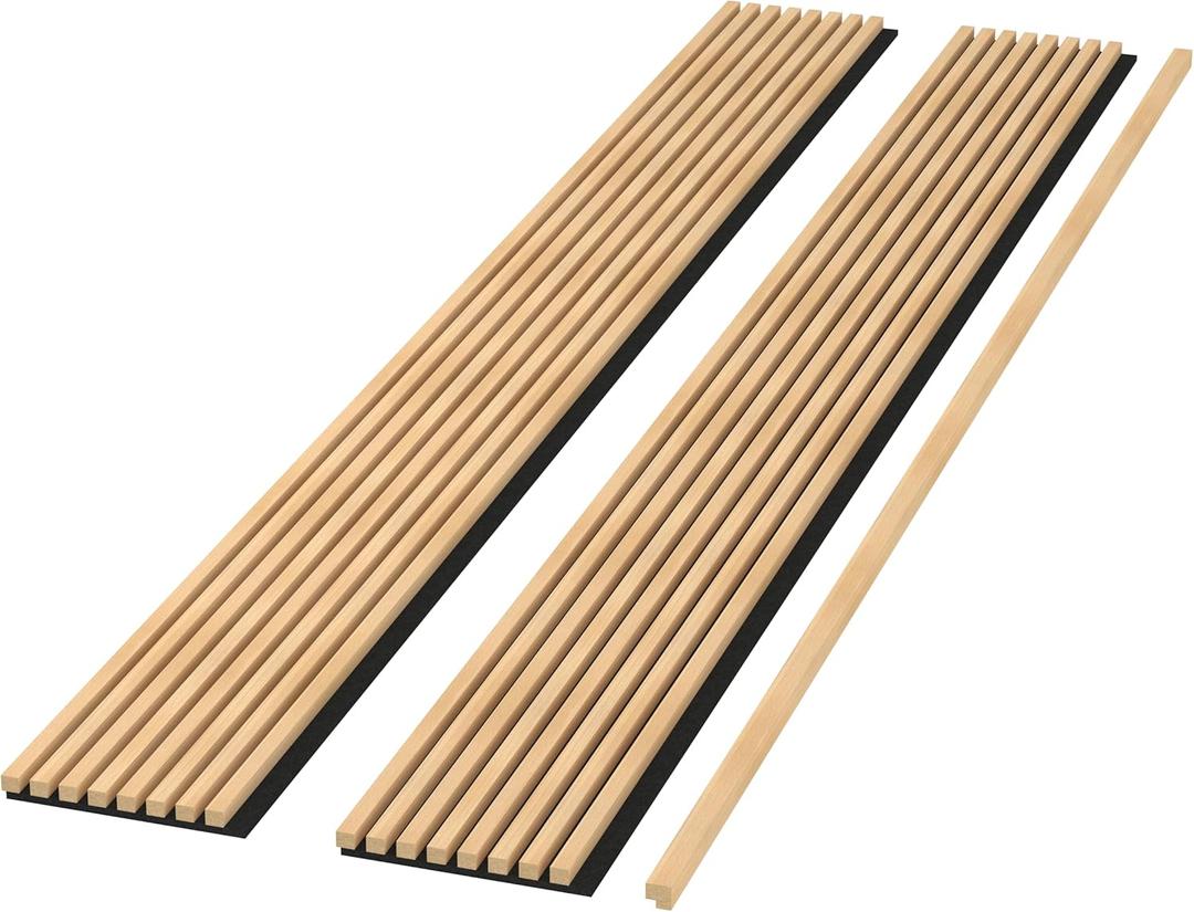 Modern 94 L x 11.25 W Acoustic Slat Wall Panels with End Cap  Premium Wood Sound-Dampening Wall Treatment for Living Rooms, Offices & Studios  2-Piece Decorative Noise-Reducing Panel Set