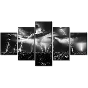 Lightning Storm City Skyline Canvas Wall Art, 5-Panel Set for Living Room | Framed Ready to Hang, Waterproof, Fade-Resistant,HD Print, City Skyline Wall Decor for Bedroom Office