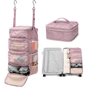 Multi-layer storage bag Casual simple Luggage Packing Organizer with Hook,Clothing Underwear Bag,Carry On Closet,Purple pink (Small)
