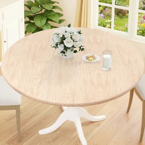 Smiry Round Picnic Tablecloth, Waterproof Elastic Fitted Table Covers for 36" - 44" Tables, Wipeable Flannel Backed Vinyl Tablecloths for Camping, Indoor, Outdoor, Beige