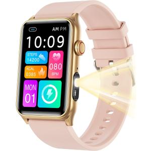 KPEP Health Fitness Watch with LED Flashlight, 24/7 Stress/Blood Pressure/SpO2/Heart Rate/Sleep Monitor, 100+ Sport Modes Calorie Counter Pedometer IP68 Waterproof Fitness Tracker for Men Women, Pink