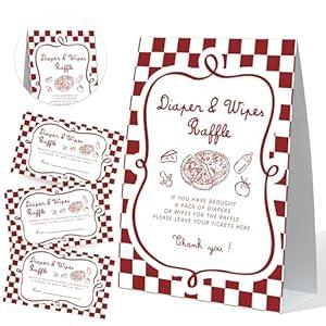 Diaper and Wipes Raffle Baby Shower Game, Hand Drawn Italian Pizza Diaper Raffle Sign and 50 Cards, Slice Slice Gender Reveal Games For Guests, Baby Announcements Ideas Party Decoration Supplies, 16