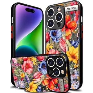 Compatible for iPhone 14 Pro Case Cute with Strap Stand Finger Kickstand, Designer Cool Silicone Cases Funda Cover - Red Dark Florals Flowers
