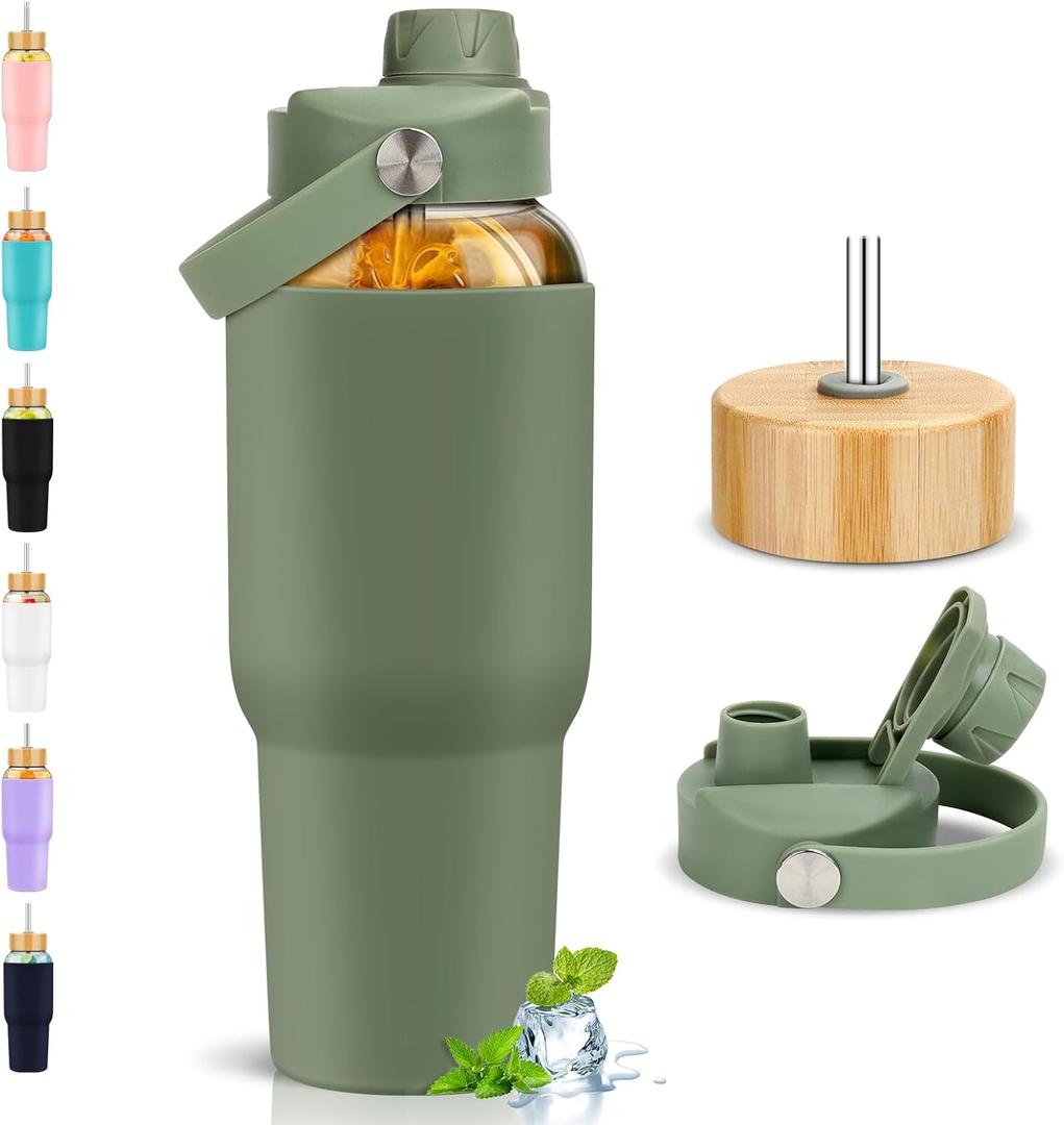 PROBTTL Glass Water Bottles 32 oz, 1 Liter Glass Tumbler, Borosilicate Water Bottle with Straw, Silicone Sleeve, 2 Lids - Handle Spout & Bamboo Straw Lid, Fits Car Cup Holder (Olive)