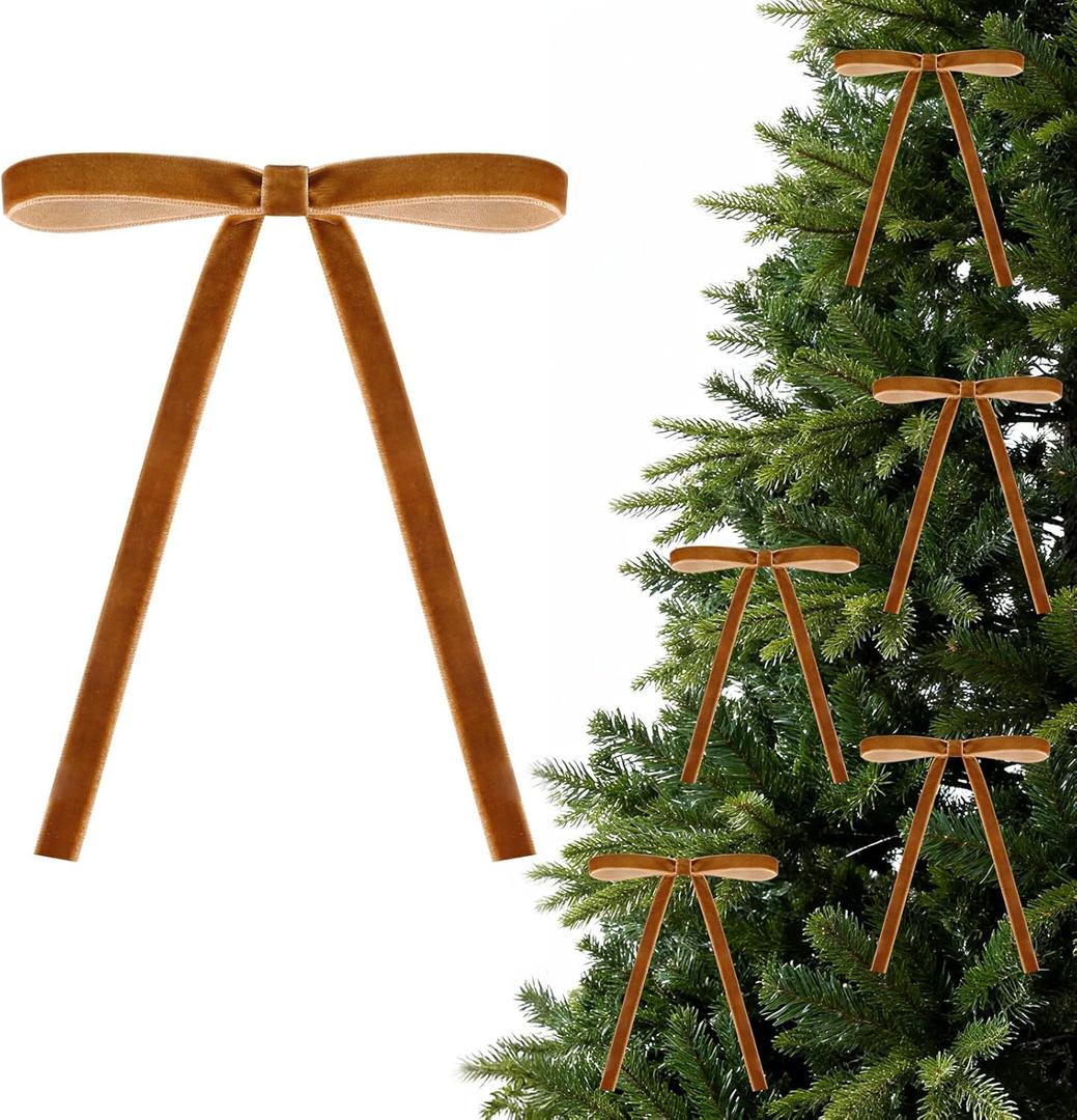 Velvet Bows for Christmas Tree, 24 Pcs 5x7 Inch Velvets Ribbon Tree Bows, Velvet Ornaments for Christmas Trees Decorations Wreath Outdoor Indoor (Brown)