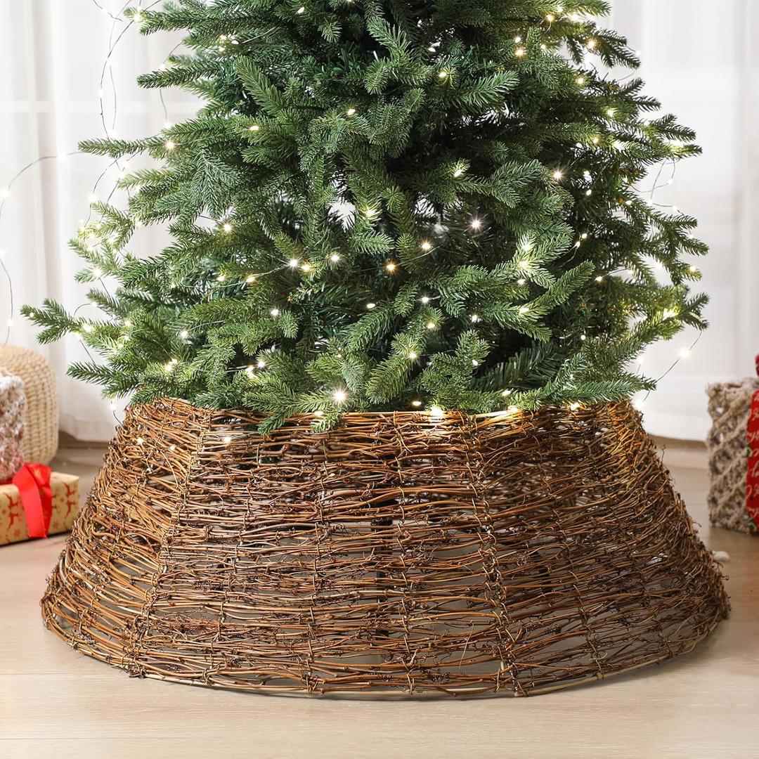 Christmas Tree Collar Rattan 31 Inches Christmas Stand Tree Collar Boho Woven Rattan Cover Rustic Natural Farmhouse Ring for Xmas Decorations