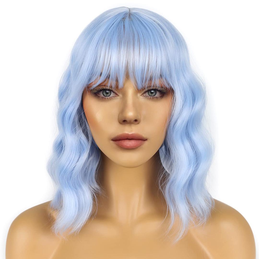 Short Bob Wigs with Bangs for Women Loose Wavy Wig Curly Wavy Shoulder Length Bob Synthetic Cosplay Wig for Girl Colorful Costume Wigs (Light Blue)
