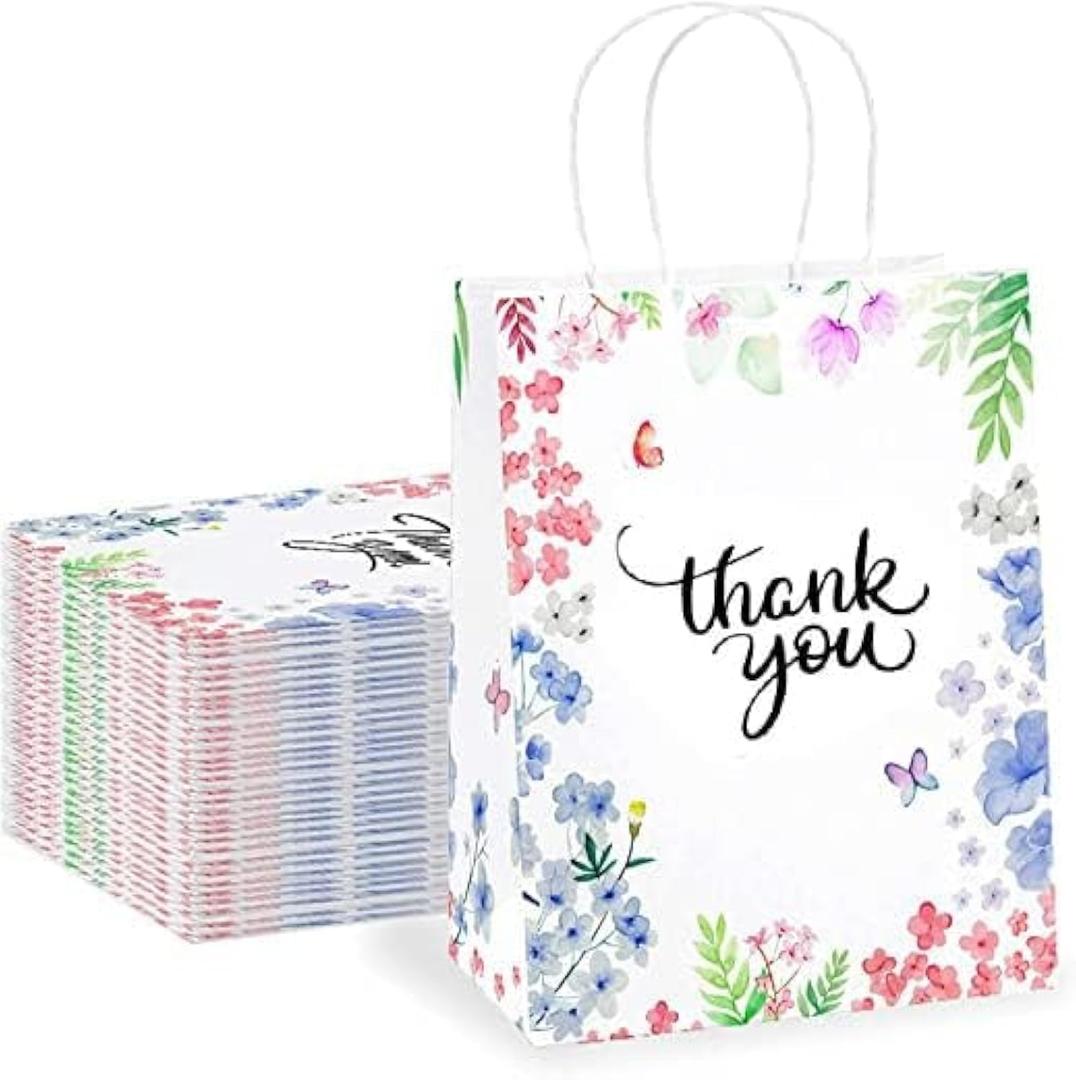 Purple Q Crafts Thank You Gift Bags 50 Pack 8" X 4" X 10" Small Paper Bags With Handles Floral Design Thank You Bags For Business, Boutique, Gifts, Wedding Favors
