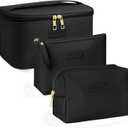 MAANGE Makeup Bag - Large Cosmetic Bag with 2pcs Small Makeup Bags Portable Leather Travel Makeup Bag Set Toiletry Bag Make Up Bags for Women and Girls (Black)