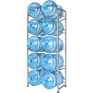 5 Gallon Water Bottle Holder for 10 Bottles, 5 Tiers Heavy-Duty Water Cooler Jug Rack with Reinforcement Frame for Kitchen Office, Silver Grey