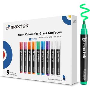 maxtek Neon Dry Erase Markers for Glass,Window Markers for Dry Erase Board,Chalkboard,LED Note Board,Acrylic Refrigerator Calendar,Bullet Tip,Low Odor,Assorted Colors,9 Count