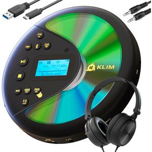 KLIM Discover with Headphones - Portable CD Player with Long-Lasting Battery - New - Radio FM - Compatible MP3 CD Player Portable - SD Card, FM Transmitter, Bluetooth - Ideal for Cars - Black/Gold